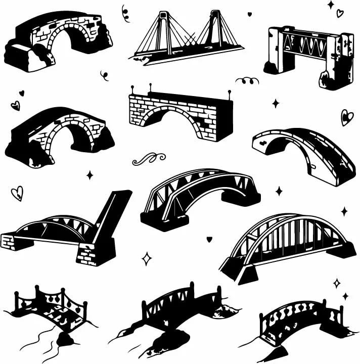 Stone Bridges And Rivers Architectural Line Art Set Free Vector