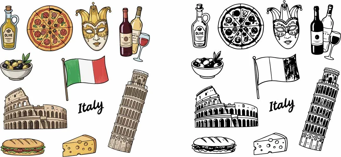 Italian Landmarks And Wine Sketches Collection Free Vector