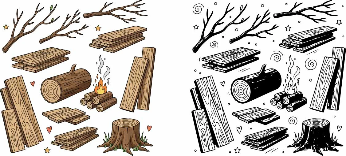 Forestry Wood Logs Firewood Planks And Campfire Set Free Vector