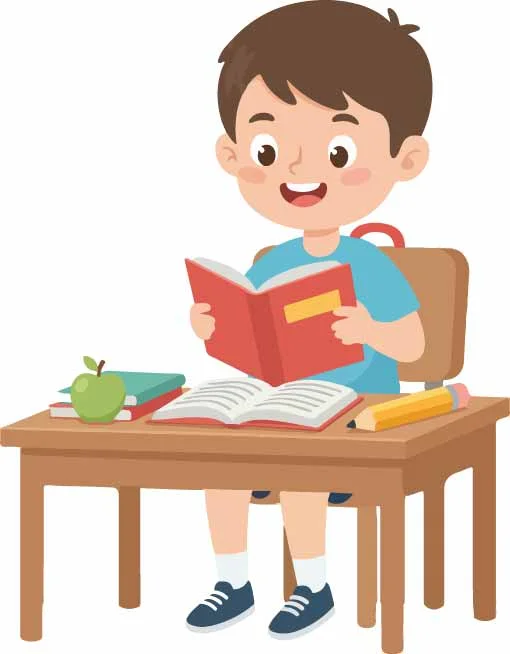 Young Boy Reading Book At Desk Illustration Free Vector
