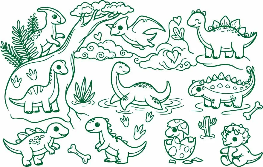 Cute Prehistoric Dinosaurs In Jungle Forest Pattern Free Vector