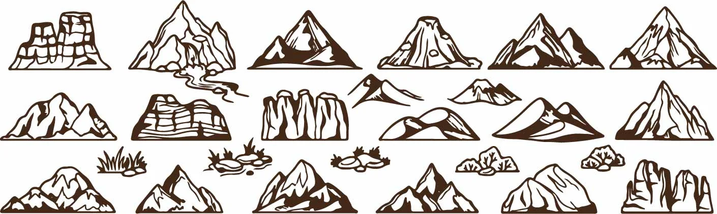 Rustic Mountain Peaks Landscape Line Art Sketches Free Vector