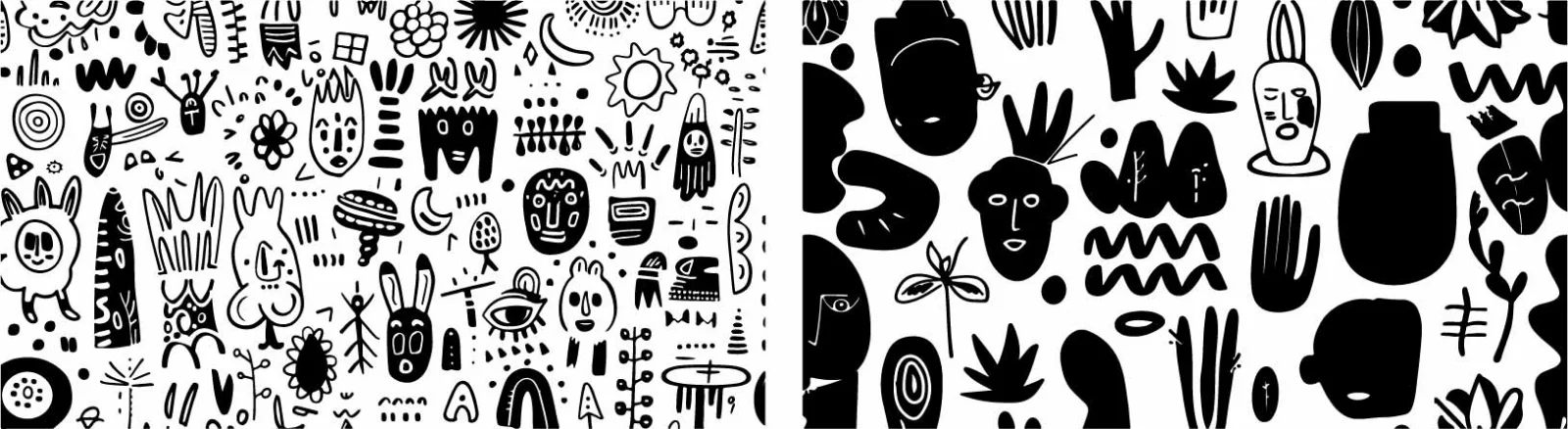 Modern Abstract Faces And Botanical Doodles Pattern Free Vector
