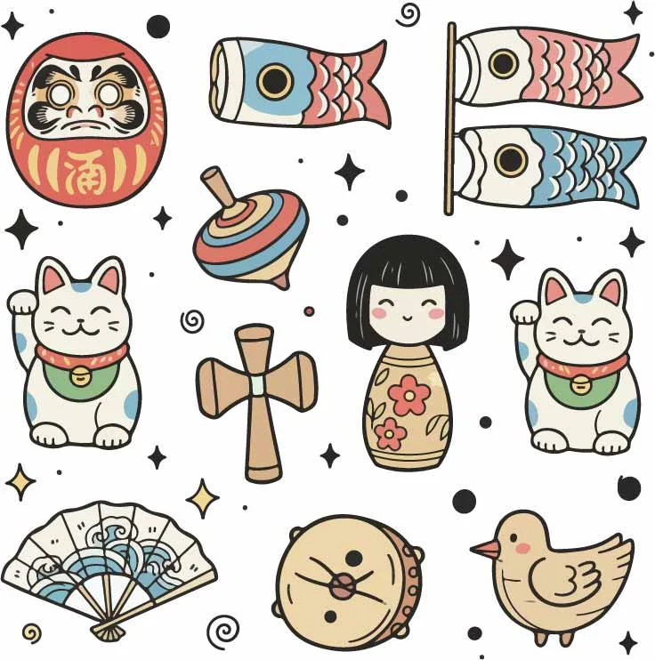 Colorful Japanese Culture Lucky Charms Doodles Free Vector