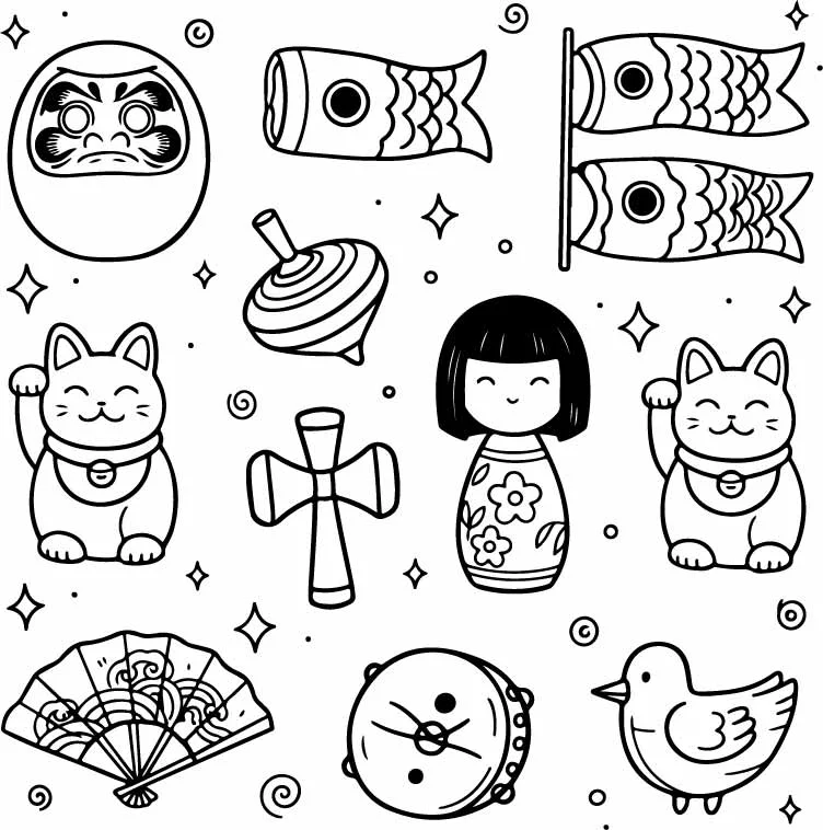 Japanese Cultural Souvenirs Line Art Doodles Free Vector