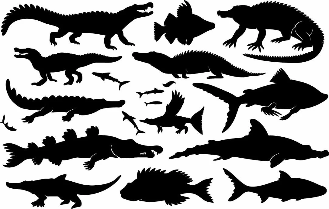Alligator And River Fish Silhouettes Pattern Free Vector