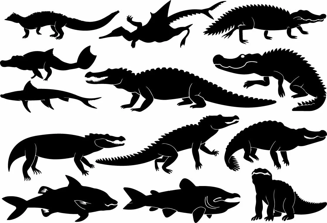 Wild Alligators And River Fish Silhouettes Free Vector