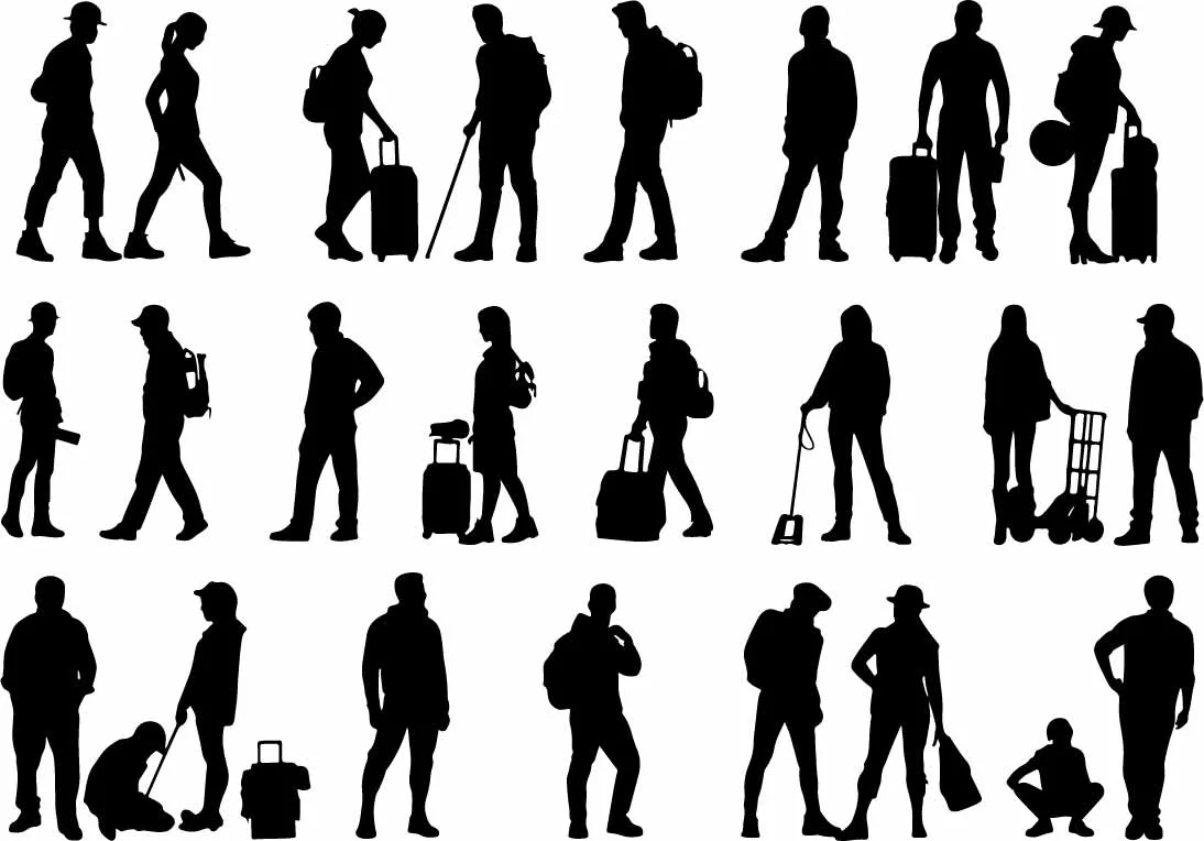 Travelers And Vacation Tourists Silhouettes Free Vector