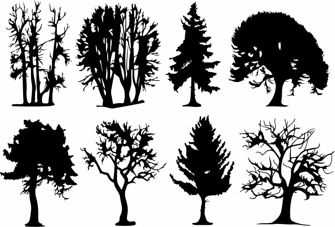 Forest Tree Silhouettes And Pine Trees Set Free Vector