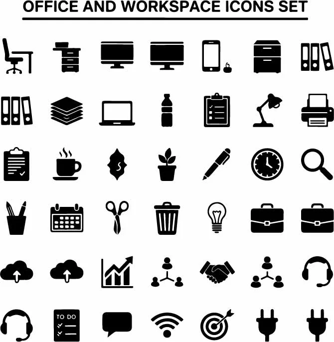 Office Supplies And Workspace Icons Set Free Vector