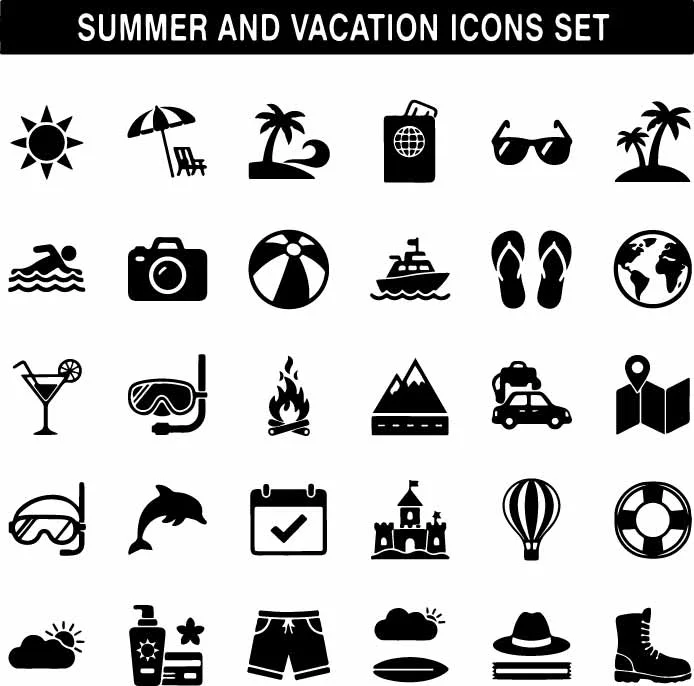 Summer Vacation And Beach Travel Icons Set Free Vector