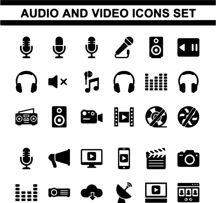 Audio And Video Icons Set In Glyph Style Free Vector