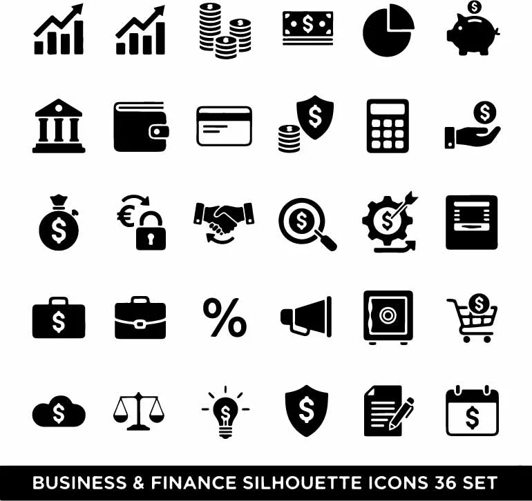 Banking And Finance Silhouette Icons Set Free Vector