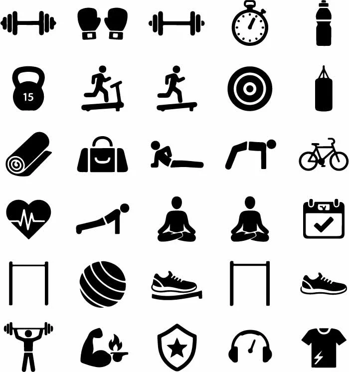 Fitness Gym Workout And Bodybuilding Icons Set Free Vector