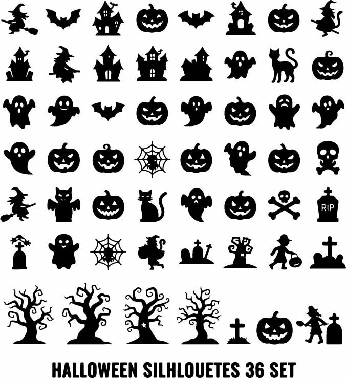 Spooky Halloween Characters And Spooky Trees Set Free Vector