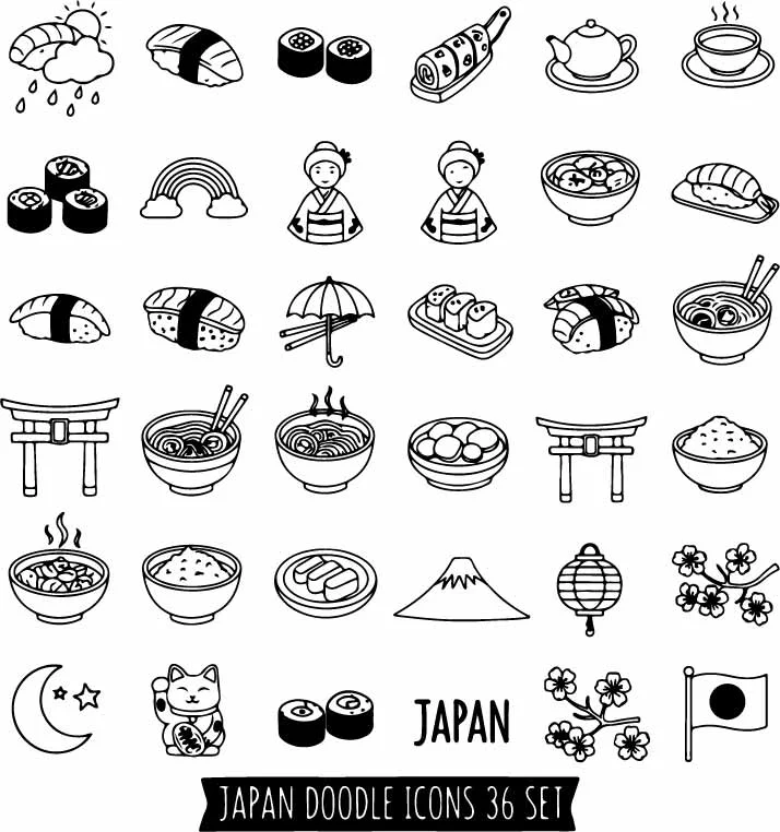 Japanese Sushi Ramen And Cultural Food Doodles Free Vector