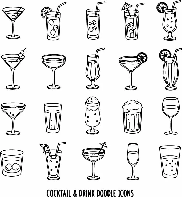 Assorted Cocktail Drinks And Party Glassware Set Free Vector