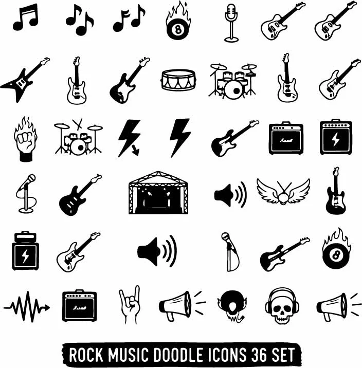 Rock Music Instruments And Band Doodles Set Free Vector