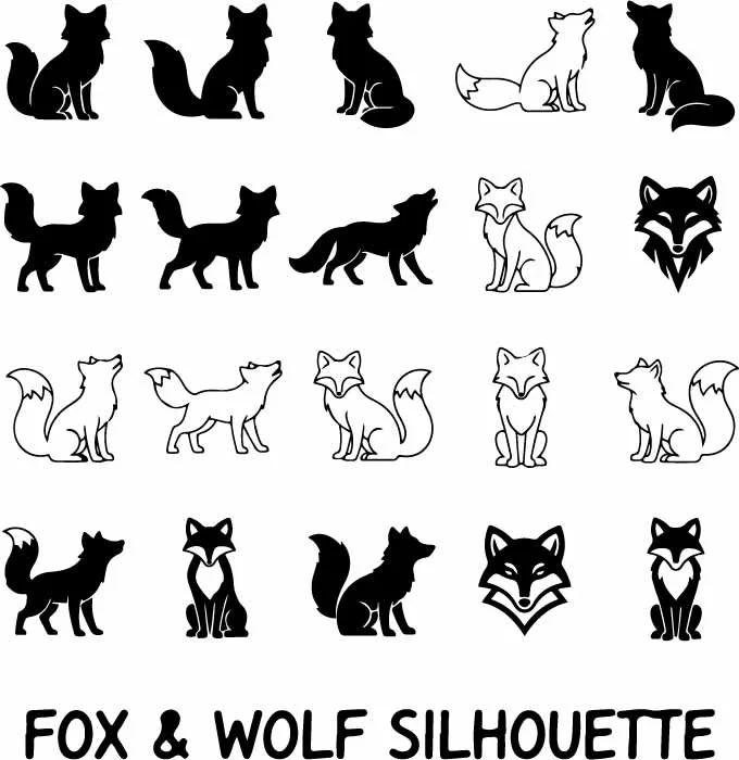 Wild Fox And Wolf Silhouette Animal Poses Free Vector
