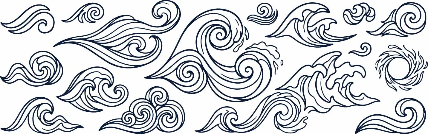 Japanese Water Waves And Ocean Swirls Line Art Free Vector