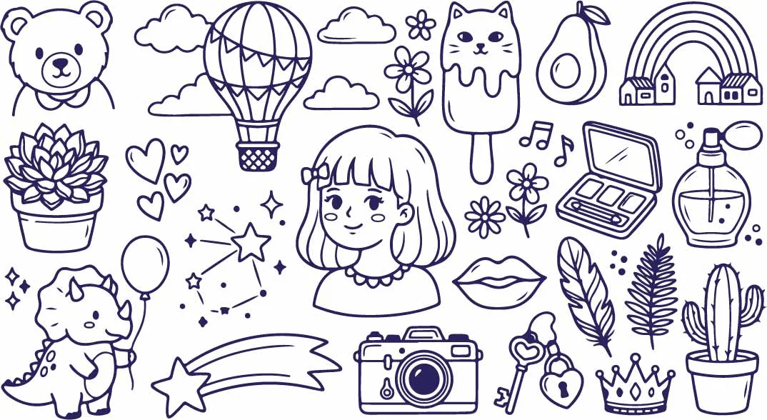 Cute Girl Portrait And Retro Camera Doodles Free Vector
