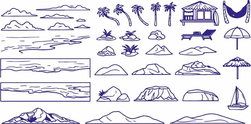 Tropical Island Palm Trees And Ocean Waves Landscape Doodles Free Vector