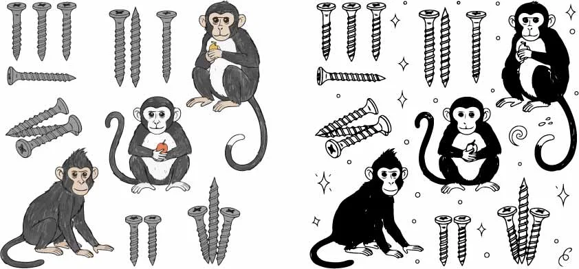 Cute Monkey And Construction Screws Doodle Elements Free Vector