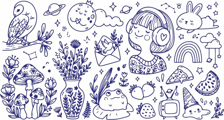 Anime Girl With Headphones And Lavender Flower Vase Doodles Free Vector