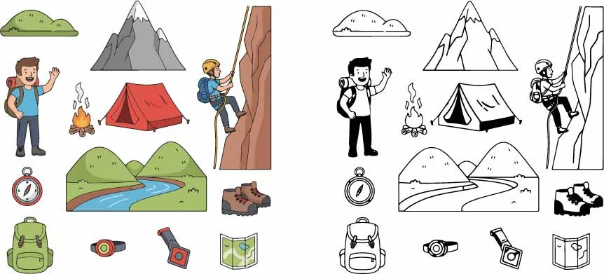 Mountain Hiking And Rock Climbing Adventure Doodles Free Vector