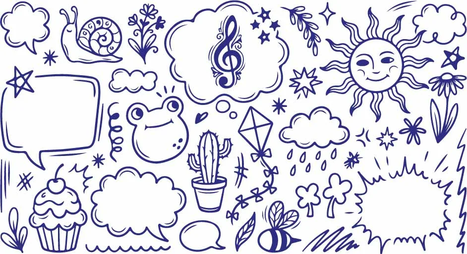 Musical Melody Cloud Cute Frog And Potted Cactus Doodles Free Vector