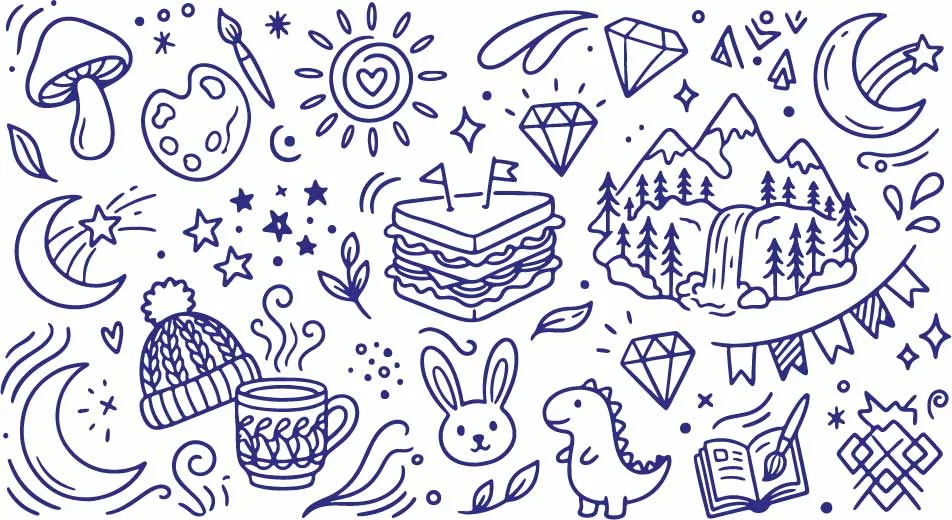 Club Sandwich Camping Mountains And Cute Dinosaur Doodles Free Vector