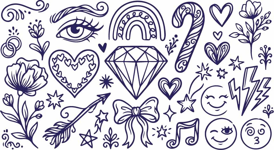 Shining Diamond Gem Rainbow Arch And Romantic Bow Doodles Free Vector