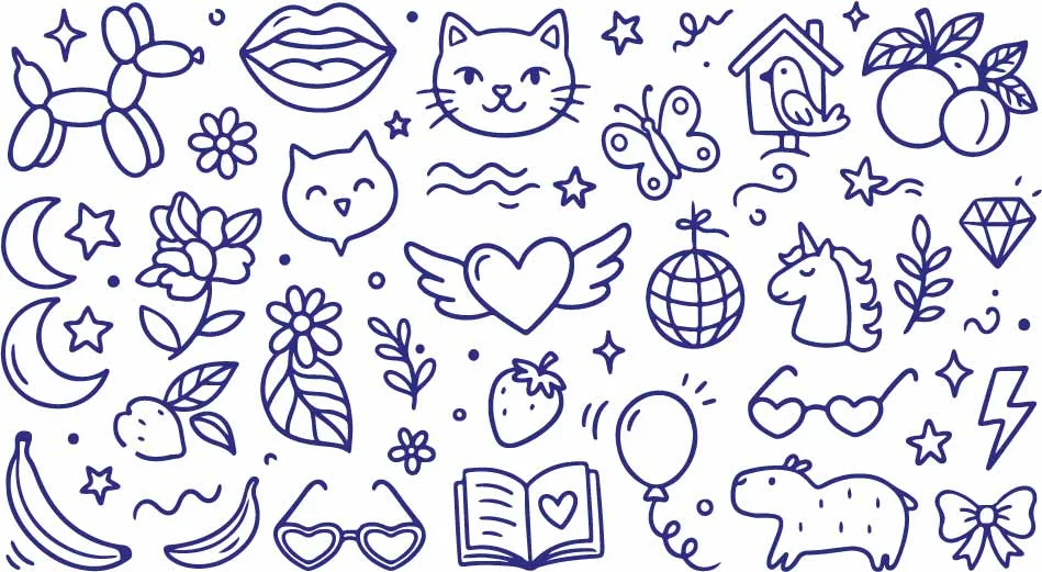 Cute Cat Face Winged Heart And Disco Ball Fun Doodles Free Vector