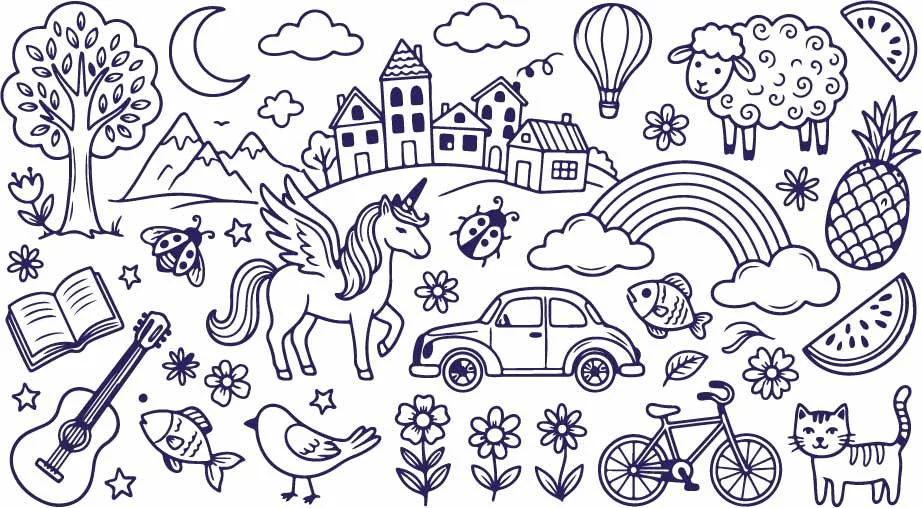 Fairytale Winged Pegasus Unicorn And Village Town Doodles Free Vector