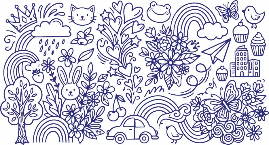 Lush Flower Garden Blooming Rabbit And Road Trip Car Doodles Free Vector