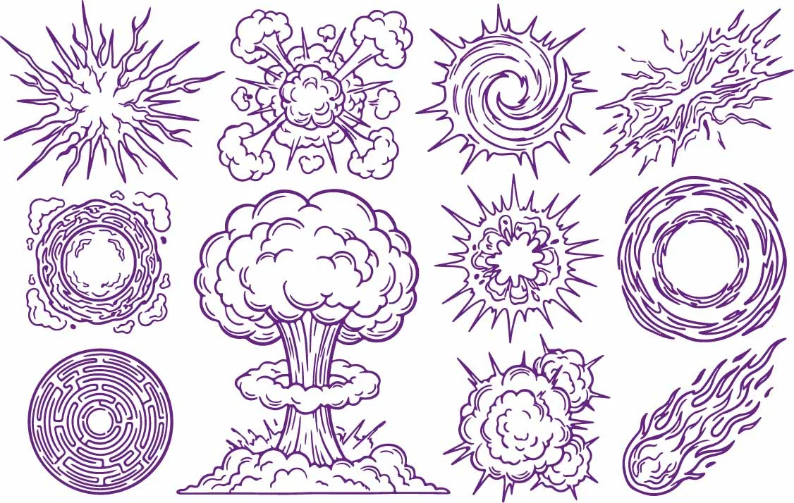 Comic Explosion Mushroom Cloud And Starburst Flash Doodles Free Vector