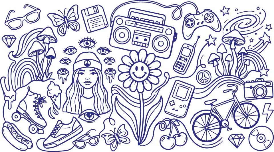 Retro Y2K Boombox Cassette Radio And Cool Girl Doodles Free Vector