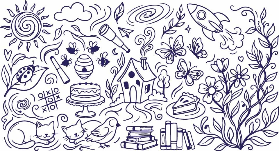 Fairytale Treehouse Stars And Sweet Bakery Cake Doodles Free Vector