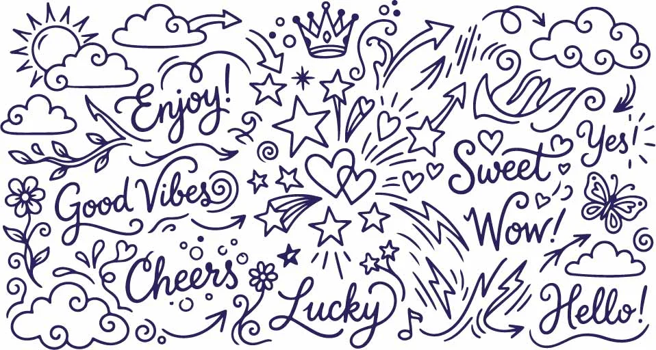 Trendy Positive Vibes Lettering Stars And Heart Doodles Free Vector