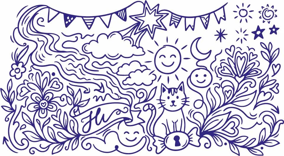Cheerful Smiling Sun Cute Cat And Festive Bunting Doodles Free Vector