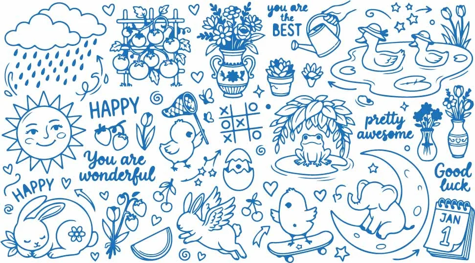 Happy Skater Bird And Cheerful Floral Garden Doodles Free Vector