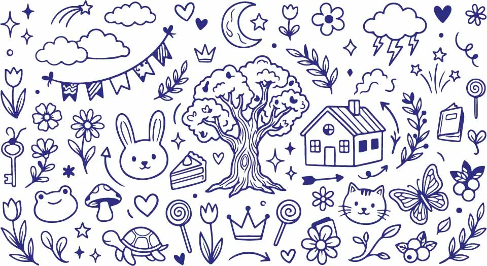 Cozy Cottage Home Old Oak Tree And Sweet Candies Doodles Free Vector