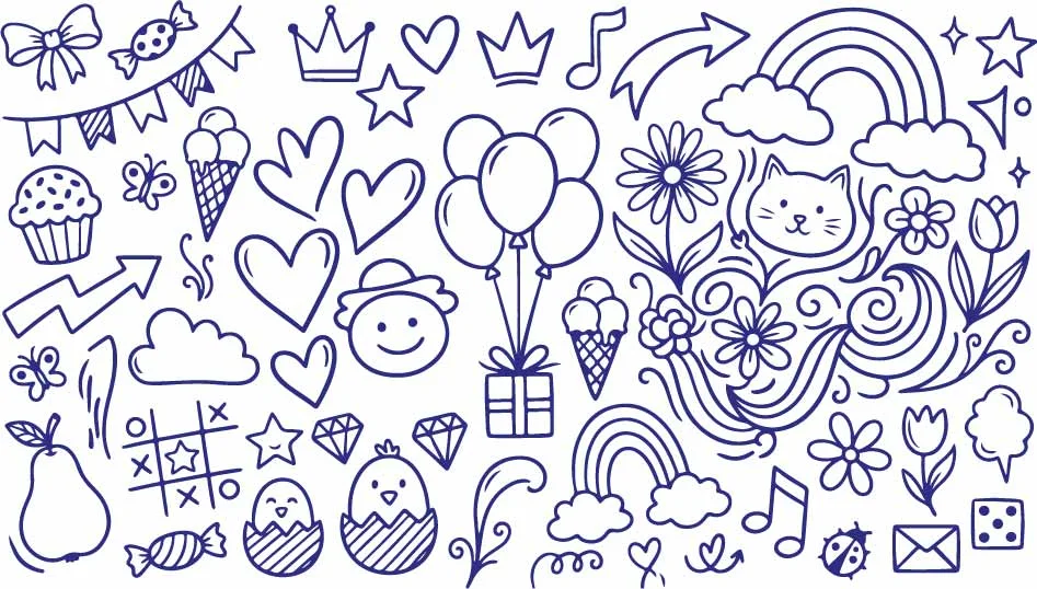 Joyful Birthday Party Balloons And Surprise Gift Doodles Free Vector