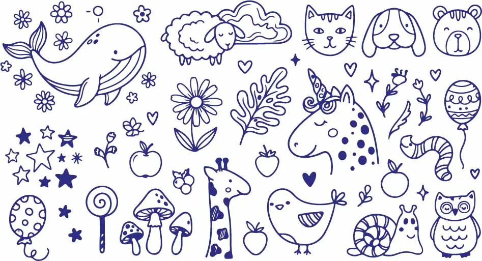 Cute Farm Animals Flowers And Magical Unicorn Doodles Free Vector