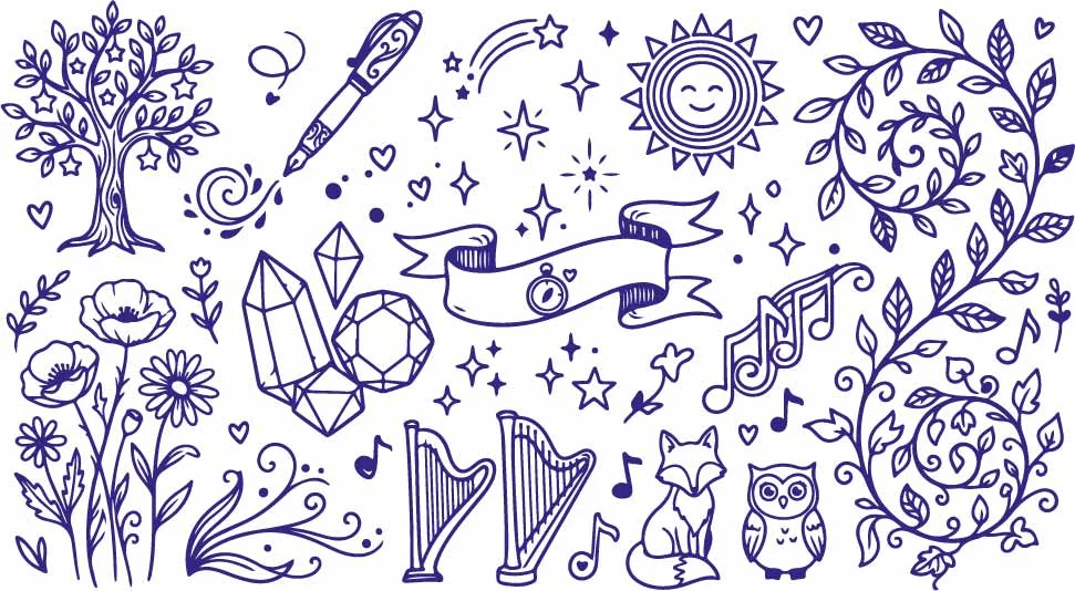 Magical Starlight Harp And Whimsical Fox Forest Doodles Free Vector