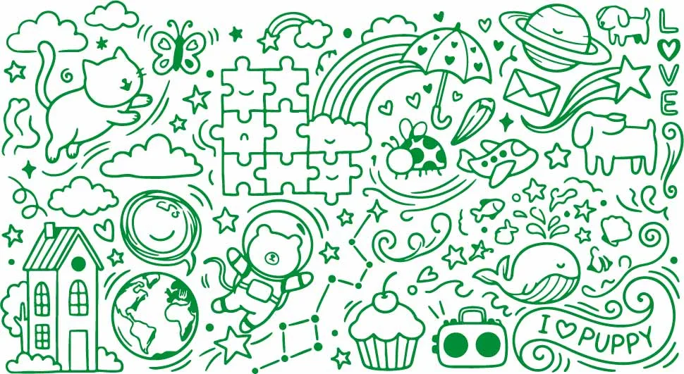 Jigsaw Puzzle Astronaut And Rainbow Playful Green Doodles Free Vector