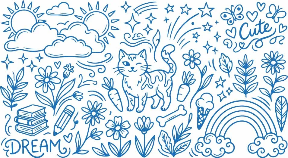 Cute Cat Pet With Flowers And Carrots Garden Doodles Free Vector