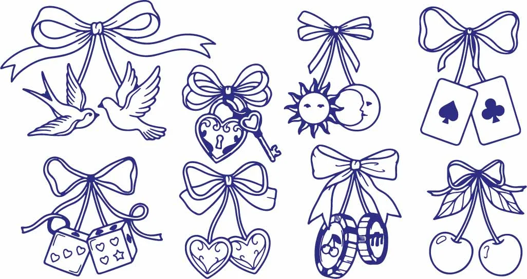 Romantic Ribbon Bows Heart Locks And Key Amulet Doodles Free Vector