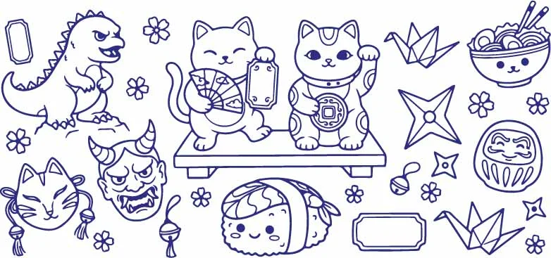 Japanese Maneki Neko Cat And Sushi Doodles Free Vector