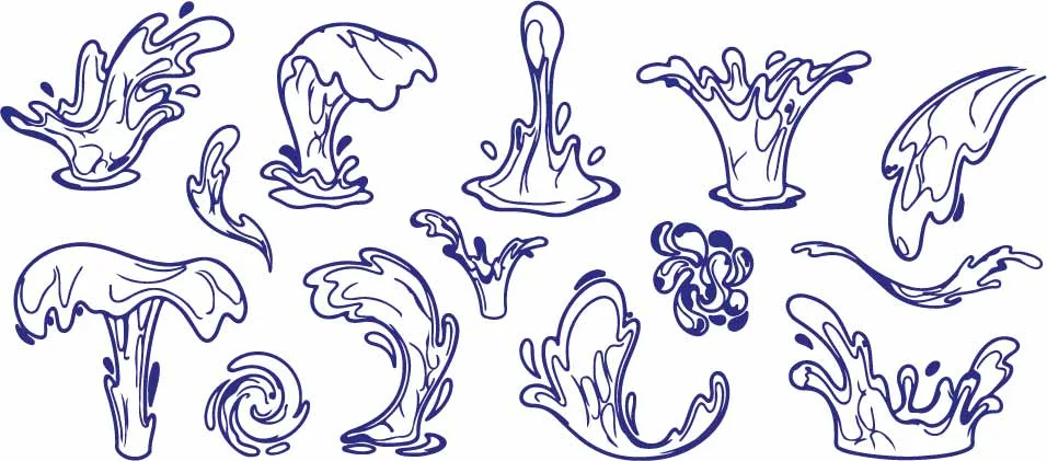 Splashing Liquid Water Crown And Fountain Wave Doodles Free Vector